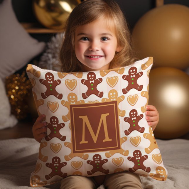 Cute Pepparkaksgubbe Monogram Kudde (Monogrammed Gingerbread man decorator Christmas/holiday pillow)