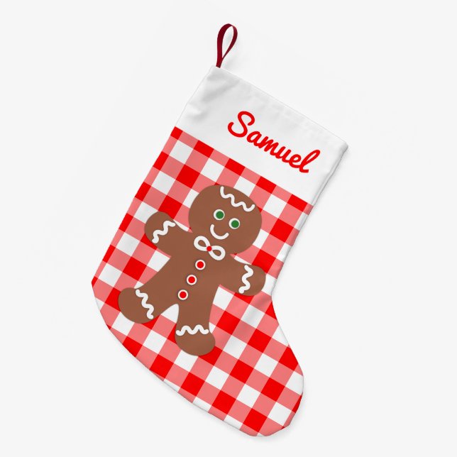 Cute Pepparkaksgubbe Red Gingham Monogram Liten Julstrumpa (Framsidan (Hängande))