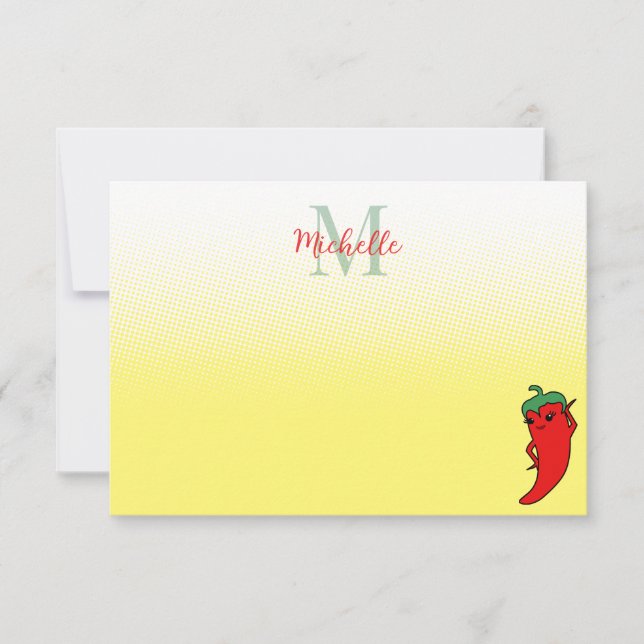 Cute Pepper Drawing Personalized Monogram Note Ca Anteckningskort (Framsida)