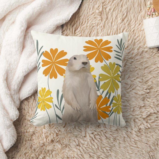 Cute Permanent Groundhog - Orange Flowers Kudde (Filt)