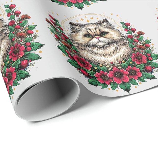 Cute Persian Cat, Blommigt Persian Kattunge Presentpapper (Rullad Hörn)