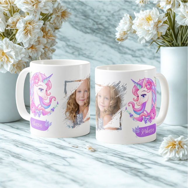 Cute Personalize Gift Blommigt Unicorn Photo Namn Kaffemugg (Skapare uppladdad)