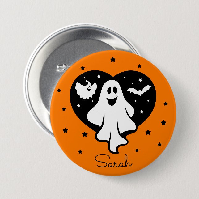 Cute Personalize Halloween Ghost Heart Fladdermus Knapp (Framsida & baksida)