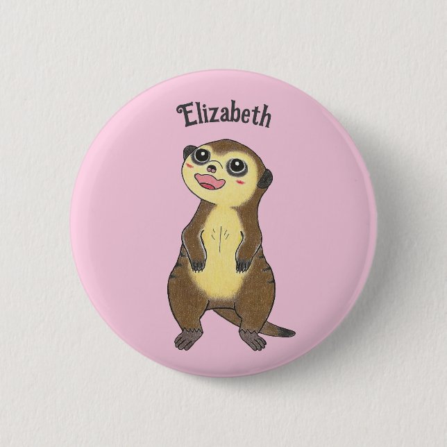 Cute Personalize Meerkat Tecknad Rosa Button Knapp (Framsida)