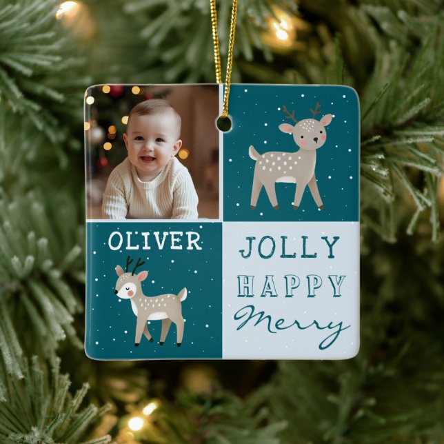 Cute Personalized Baby Photo Reindeer Christmas Julgransprydnad Keramik (Träd)