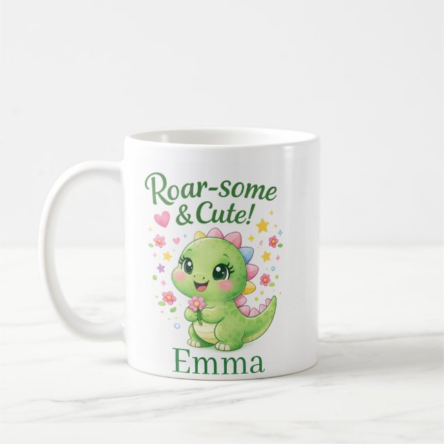 Cute Personalized Dinosaur Name Mug Kaffemugg (Vänster)