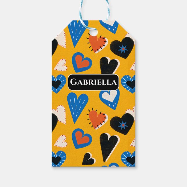 Cute Personalized Mustard Hearts Pattern Presentetikett (Framsidan)