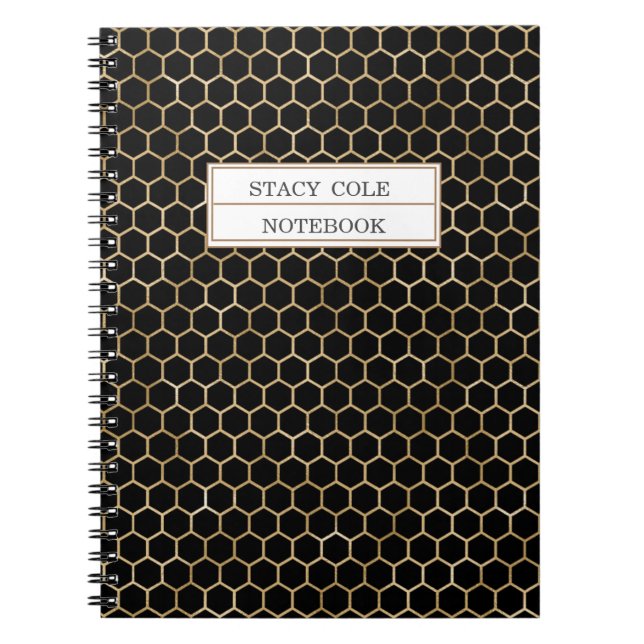 Cute Personlig Black Guld Honeycomb Bee Mönster Anteckningsbok (Framsidan)