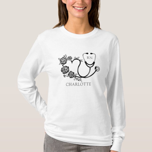 Cute Personlig Blommigt Stethoscope Nurse T Shirt (Framsida)