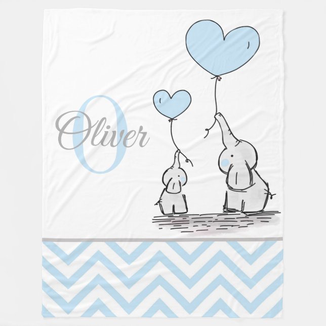 Cute Personlig Blue Grått Elephant Chevron Baby Fleecefilt (Framsidan)