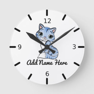 Cute Personlig Blue Kitten Large Clock Rund Klocka