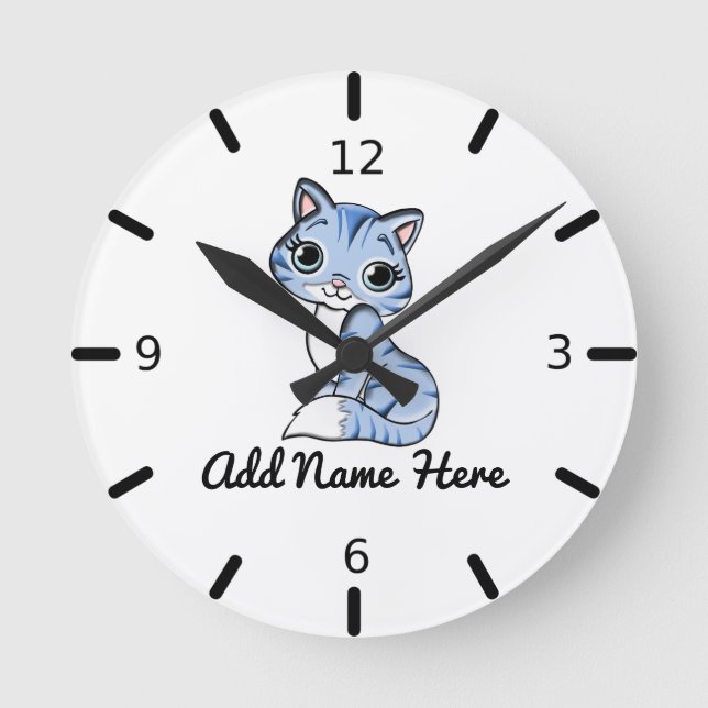 Cute Personlig Blue Kitten Large Clock Rund Klocka (Framsida)