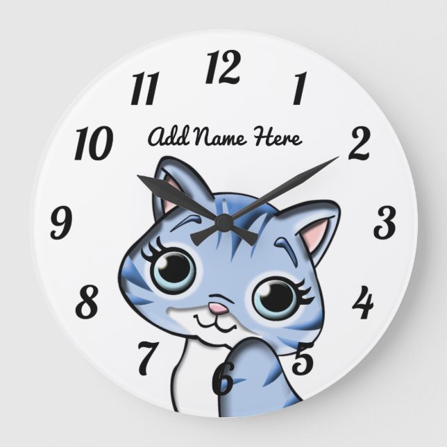 Cute Personlig Blue Kitten Large Clock Stor Klocka (Framsida)