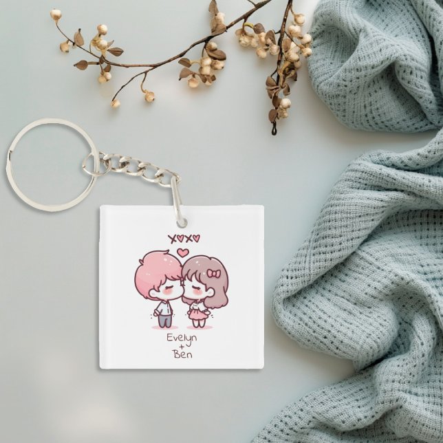 Cute Personlig Chibi-Stil Kissing Couple (Cute Personalized Chibi-Style Kissing Couple Keychain
)