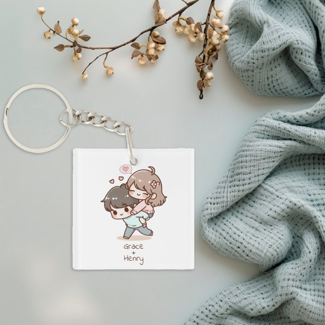 Cute Personlig Chibi-Stil-parapel (Cute Personalized Chibi-Style Playful Couple Keychain)