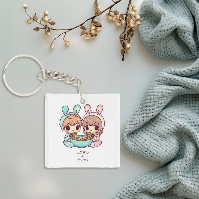 Cute Personlig Chibi-Stil Ramen par (Cute Personalized Chibi-Style Ramen Couple Keychain)