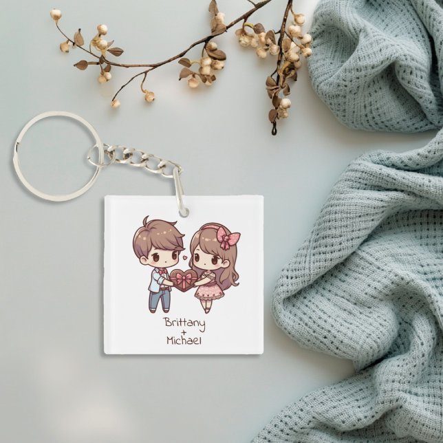 Cute Personlig Chibi-Stil Valentine par (Cute Personalized Chibi-Style Couple Keychain)