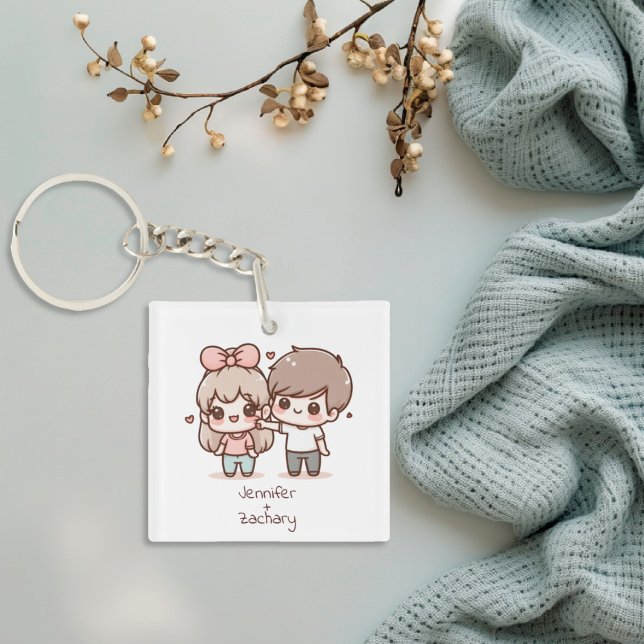 Cute Personlig Chibi-Stil Väntar par (Cute Personalized Chibi-Style Flirting Couple Keychain
)