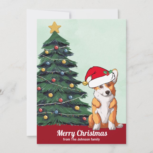 Cute Personlig Corgi Santa Hat Julgran Julkort (Framsida)