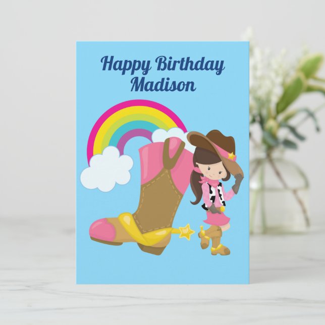 Cute Personlig Cowgirl Rainbow Grattis på födelsed Kort (Stående Fram)