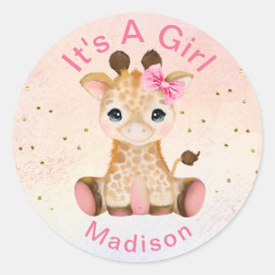 Cute Personlig Girls Rosa Baby Giraffe Sticker Runt Klistermärke