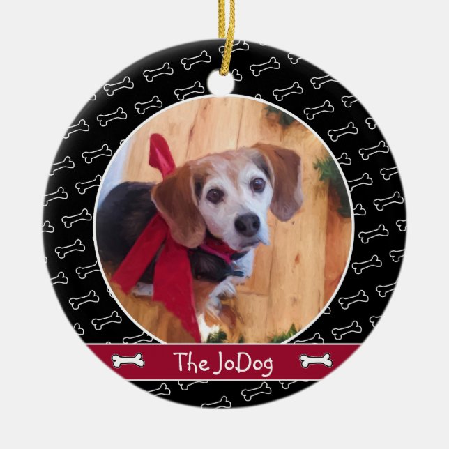 Cute Personlig Hund Photo Hund Bone Mönster Black Julgransprydnad Keramik (Framsidan)