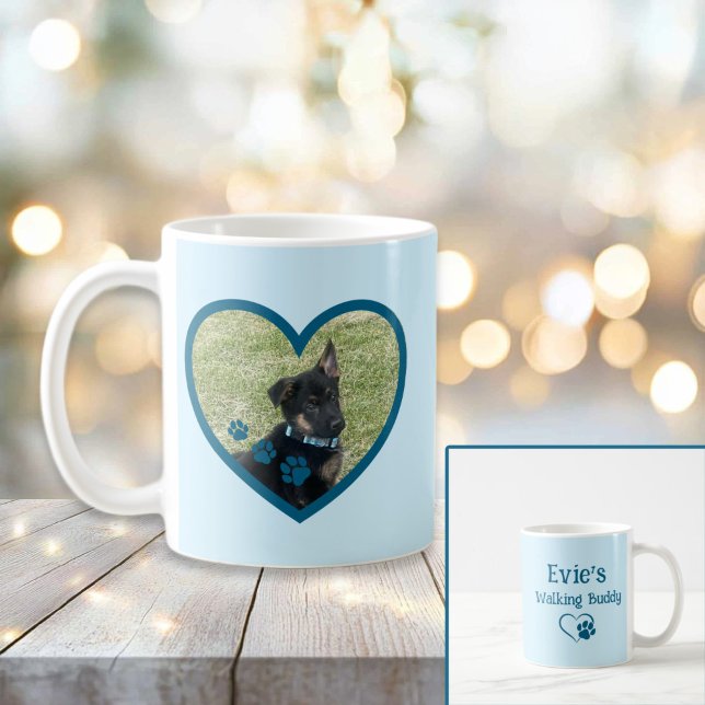 Cute Personlig Hund Walking Buddy Heart Photo Kaffemugg (Teal Personalized Dog Walking Buddy Heart Photo Mug
)