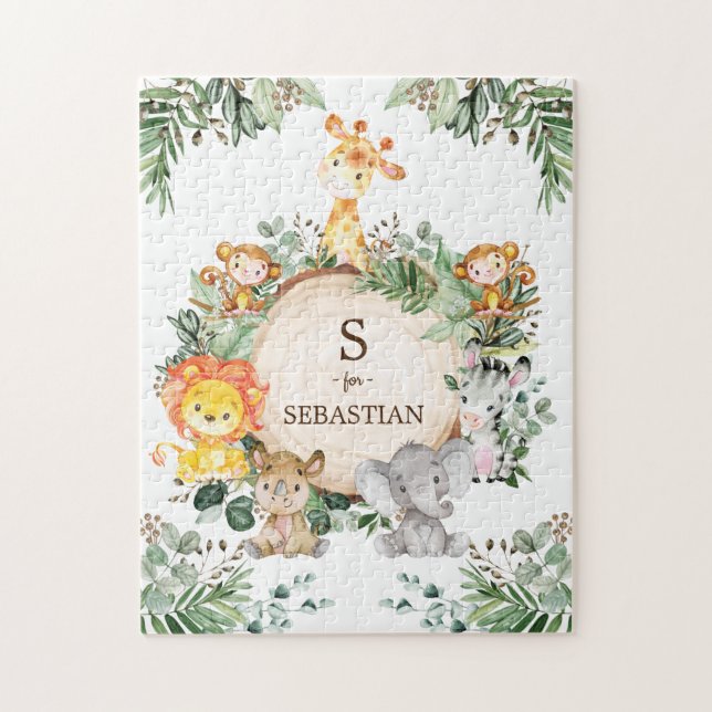 Cute Personlig Jungle Safari Animals Monogram Pussel (Vertikal)