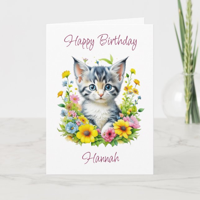 Cute Personlig Kitten i Flowers Birthday Kort (Framsida)