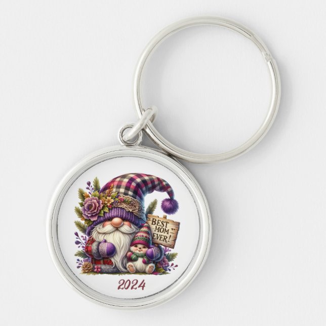 Cute Personlig Lycklig Mors dag/Gnome Rund Silverfärgad Nyckelring (Framsidan)