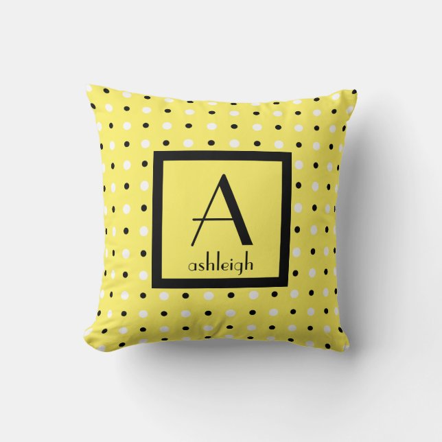 Cute Personlig Monogram, Gult w Polka dots Kudde (Framsida)