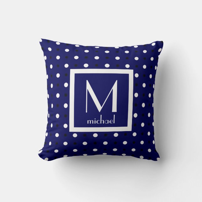 Cute Personlig Monogram, marinblått med Polka dots Kudde (Framsida)