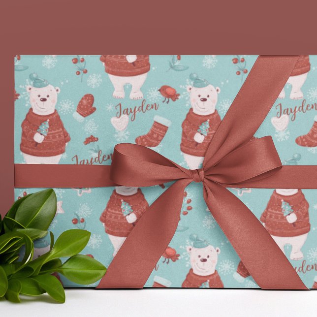 Cute Personlig Namn Polar Bear Presentpapper (Cute Personalized Name Polar Bear Wrapping Paper
)