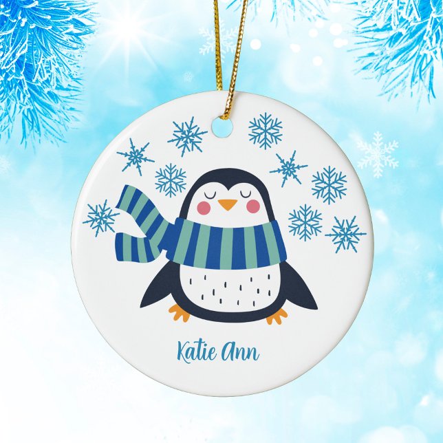 Cute Personlig Penguin Blue Snowflake-jul Julgransprydnad Keramik (Skapare uppladdad)