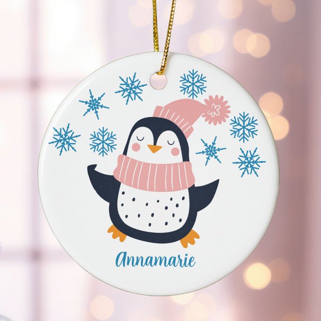 Cute Personlig Penguin Rosa Scarf-jul Julgransprydnad Keramik (Skapare uppladdad)