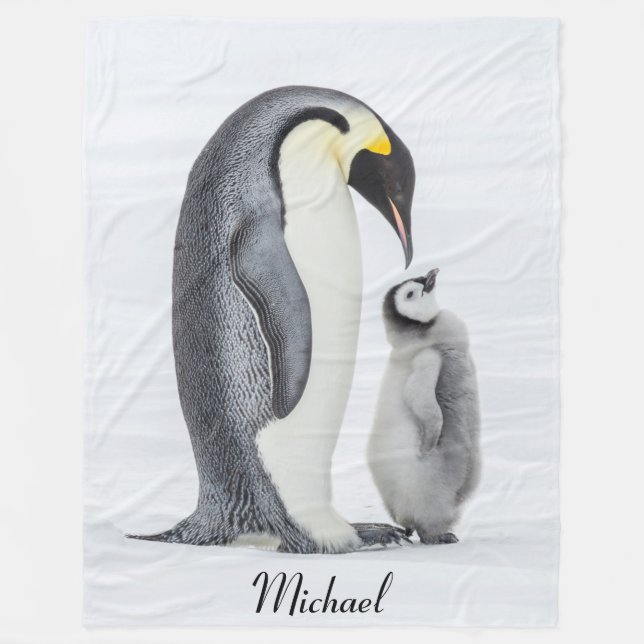 Cute Personlig Petting Penguin och Chick Fleecefilt (Framsidan)