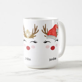 Cute Personlig Reindeer Ansikte Santa Hat, Tiara Kaffemugg