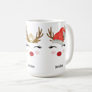 Cute Personlig Reindeer Ansikte Santa Hat, Tiara Kaffemugg