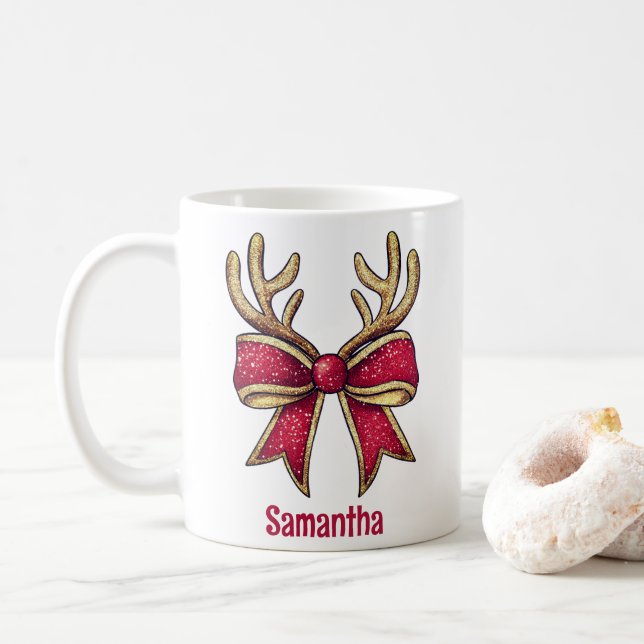 Cute Personlig Reindeer Bow-jul Kaffemugg (Med munk)