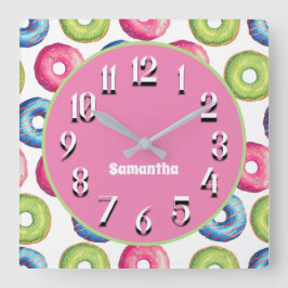 Cute Personlig Rosa Blue Grönt Doughnut Fyrkantig Klocka