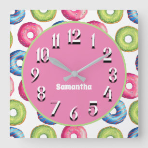 Cute Personlig Rosa Blue Grönt Doughnut Fyrkantig Klocka