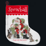 Cute Personlig Santa Pet Bunny Rabbit Jul Stor Julstrumpa<br><div class="desc">Tomten har gåvor till alla kaniner som girigt försöker klättra upp, men han frågar "Gissa vem det här är för!" när han händer ut dem. Lagringen har en vit bakgrund och ett stort mallområde för din nyans - eller mottagarens - namn i vitt på rött. Enkel att anpassa med textmallen...</div>