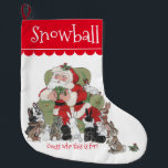 Cute Personlig Santa Pet Bunny Rabbit Jul Stor Julstrumpa<br><div class="desc">Tomten har gåvor till alla kaniner som girigt försöker klättra upp, men han frågar "Gissa vem det här är för!" när han händer ut dem. Lagringen har en vit bakgrund och ett stort mallområde för din nyans - eller mottagarens - namn i vitt på rött. Enkel att anpassa med textmallen...</div>