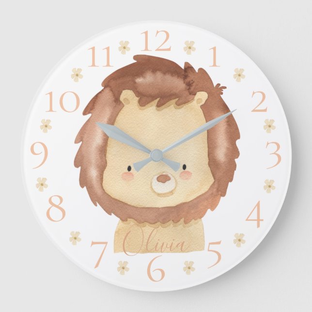 Cute Personlig Vattenfärg Baby Lejon med Namn Stor Klocka (Framsida)