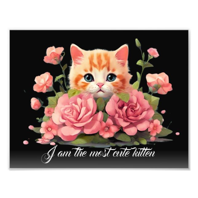 Cute Personlig Vit kattunge Katt i Flower Black Fototryck (Framsidan)