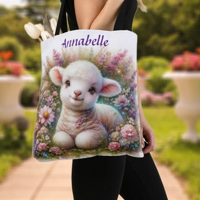 Cute Personlig Watercolor Lamb och Flowers Tygkasse (Skapare uppladdad)