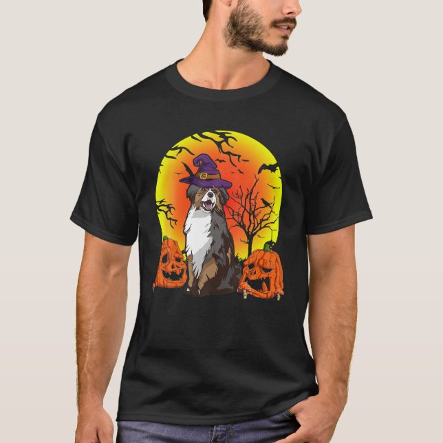 Cute Pet Australian shepherd Hund Witch Hat Halldu T Shirt (Framsida)