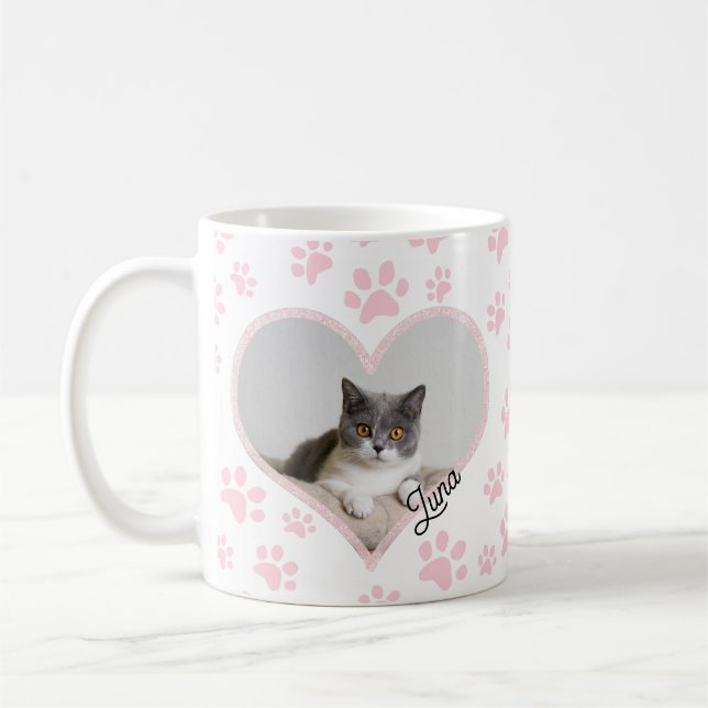Cute Pet Cat Photo Heart glitter & Tassar Mönster Kaffemugg (Vänster)