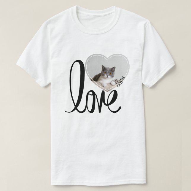 Cute Pet Cat Photo Heart & Tassar Mönster T Shirt (Design framsida)