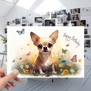 Cute Pet Chihuahua Puppy Hund och Flowers Birthday Kort